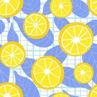 patrón de verano fresco con rodajas de limón y hojas azules sobre fondo a cuadros, coloridos textiles de cocina adornados con frutas cítricas, diseño tropical, tema de limonada en estilo escandinavo vector