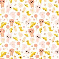 Baby shower seamless patern with related infant conceept with pink teddy, bunny toys and toddler clothes vector
