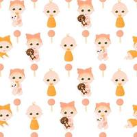 Seamless pattern with cute infant characters and rattles on white background in cartoon style for wrapping paper vector