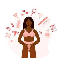 niña africana en ropa interior, objetos del período menstrual alrededor: útero, toallas sanitarias, calendario, tema de atención médica femenina