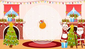 acertijo navideño para niños con mrs y mrs claus decorando el árbol de navidad, juego de laberinto circular, hoja de trabajo imprimible