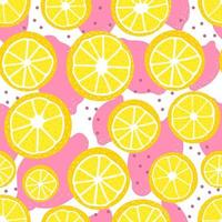 Colorful seamlesss lemon slices ornate with pink and yellow on white background, dotted pattern for kitchen textile or packaging, tropical summer surface design in scandinavian style vector