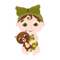 Little cute girl embracing teddy bear, toddler in grenn singlet in cartoon style isolated on white background, baby vector