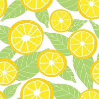 patrón de limón sin fisuras con hojas, verano tropical adornado para papel de envolver, textil de cocina, diseño de superficie fresca con rodajas de cítricos, colores amarillo y verde sobre fondo blanco vector