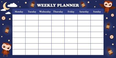 Cute childish weekly planer template with owl character in different poses on dark background with moon and stars vector