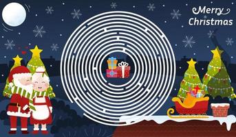 Christmas riddle for kids with santa claus and mrs claus kissing under the mistletoe, circle maze game vector