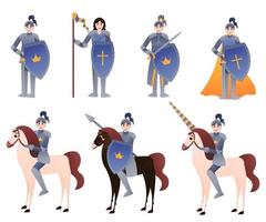 Set of medieval knights with different objects in cartoon style, armours holding swords, weapon on white background, guards ridding on horse, warrior collection theme vector