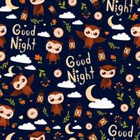 Good night seamless pattern with childish cute animal character owl on dark background, lanterns and flowers vector