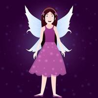 Magical fairy creature on dark violet background with beautiful wings shining, children fantasy book character vector