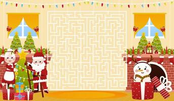 acertijo navideño para niños con santa claus y la señora claus decoran el árbol de navidad, lindo muñeco de nieve en caja de regalo, laberinto vector