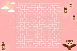 Colourful kid labyrinth with cute owl character, help finf way to the moon on pink background in cartoon style vector