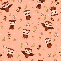 Childish bedding cute seamless pattern with owl animal character in different poses with flowers vector