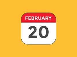 february 20 calendar reminder. 20th february daily calendar icon template. Calendar 20th february icon Design template. Vector illustration