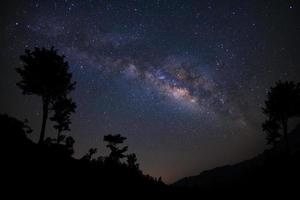 Landscape with milky way, Night sky with stars and silhouette of tree, Long exposure photograph, with grain. photo