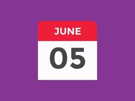 june 5 calendar reminder. 5th june daily calendar icon template. Calendar 5th june icon Design template. Vector illustration