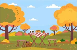 Autumn picnic. Rest in forest, park, on open air. Picnic outside. Table, chairs, picnic basket on the autumn landscape background. Food and drink. Sunny autumn day. Vector illustration.
