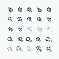 conjunto de iconos de engranaje y llave inglesa conjunto ilustración vectorial. paquete de iconos de herramientas de servicio para ui, redes sociales, sitio web aislado en fondo blanco. icono de configuración de estilo plano. vector