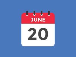 june 20 calendar reminder. 20th june daily calendar icon template. Calendar 20th june icon Design template. Vector illustration