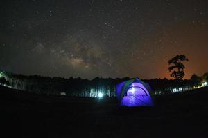 Milky Way and silhouette of tree with dome tent at Phu Hin Rong Kla National Park,Phitsanulok Thailand, Long exposure photograph.with grain photo