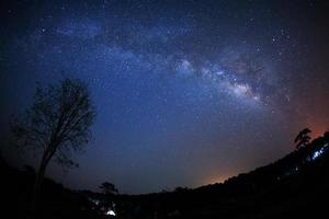 Milky Way and silhouette of tree at Phu Hin Rong Kla National Park,Phitsanulok Thailand, Long exposure photograph.with grain photo