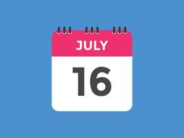 july 16 calendar reminder. 16th july daily calendar icon template. Calendar 16th july icon Design template. Vector illustration