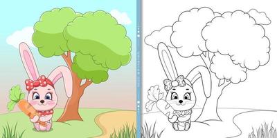 A small bunny with a carrot sits on a green meadow with a tree vector