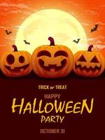 Halloween party. Halloween poster design with pumpkins, bats and full moon. Flyer template vector