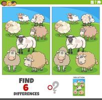 juego de diferencias con personajes de animales de granja de ovejas de dibujos animados vector