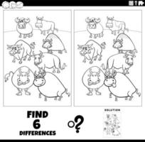 differences game with cartoon bulls farm animals coloring page vector