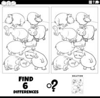 differences game with cartoon hippos coloring page vector