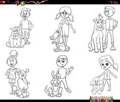 cartoon children and dogs characters set coloring page vector