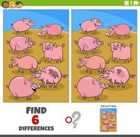 differences game with cartoon pigs farm animal characters vector