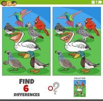 differences game with cartoon birds animal characters vector