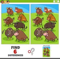 juego de diferencias con toros de dibujos animados personajes de animales de granja vector