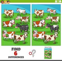 juego de diferencias con personajes de animales de granja de vacas de dibujos animados vector