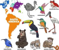 educational illustration of cartoon South American animals set vector