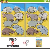 differences game with cartoon hippos wild animal characters vector