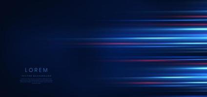 Abstract technology futuristic glowing blue and red  light lines with speed motion blur effect on dark blue background. vector