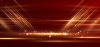 Elegant golden stage diagonal glowing with lighting effect sparkle on red background. Template premium award design. vector