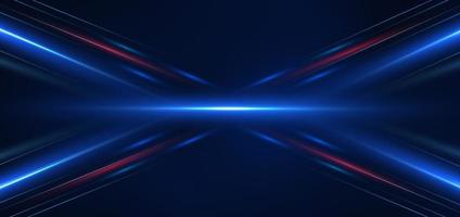 Abstract technology futuristic glowing blue and red  light lines with speed motion blur effect on dark blue background. vector