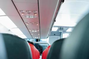 seats in the airplane and passenger sitting all area waiting for the plane taking off from runway. photo