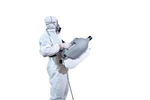 Specific specialist and professional in virus protection suit holds machine to spray sanitizer liquid solution to kill Coronavirus COVID19  isolated on white clear background. Clipping Path. photo