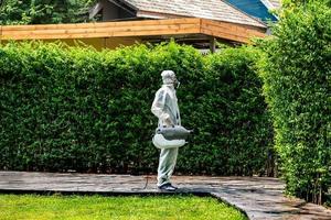 especialista profesional caminando y observando alrededor del jardín al aire libre para preparar una solución líquida desinfectante para rociar para matar el coronavirus covid 19. foto