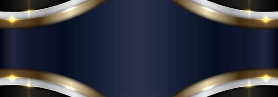 Banner web abstract elegant blue, white, gold metallic curved shapes layer on black background vector