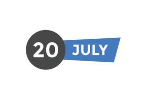 july 20 calendar reminder. 20th july daily calendar icon template. Calendar 20th july icon Design template. Vector illustration