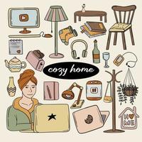 Cute set of cozy home doodles stickers vector