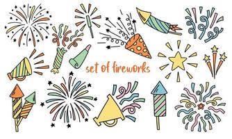 Doodle set with festive fireworks and confetti vector