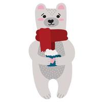 Christmas polar bear in a scarf with a mug of cocoa for postcards vector