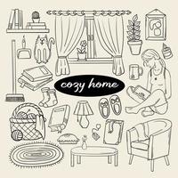 Cute set of cozy home doodles stickers vector