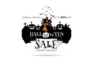 Halloween Sale Promotion Poster or banner with Halloween Pumpkin and haunted castle, bats,grave. on white background. Vector illustration